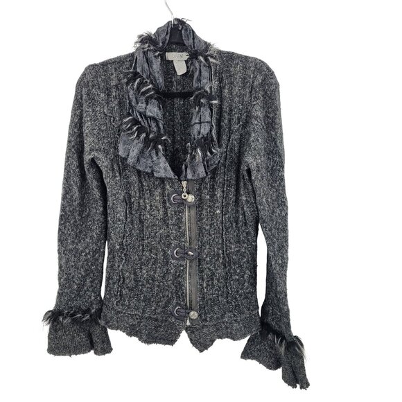 Vtg 90s Gothic Ruffled Knit Cardigan Sweater Sz L Faux Fur Trim Witchy Punk - Picture 1 of 11